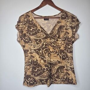 Y2K Babydoll JKLA California Blouse Large Brown Paisley Ruched Goblincore Fairy